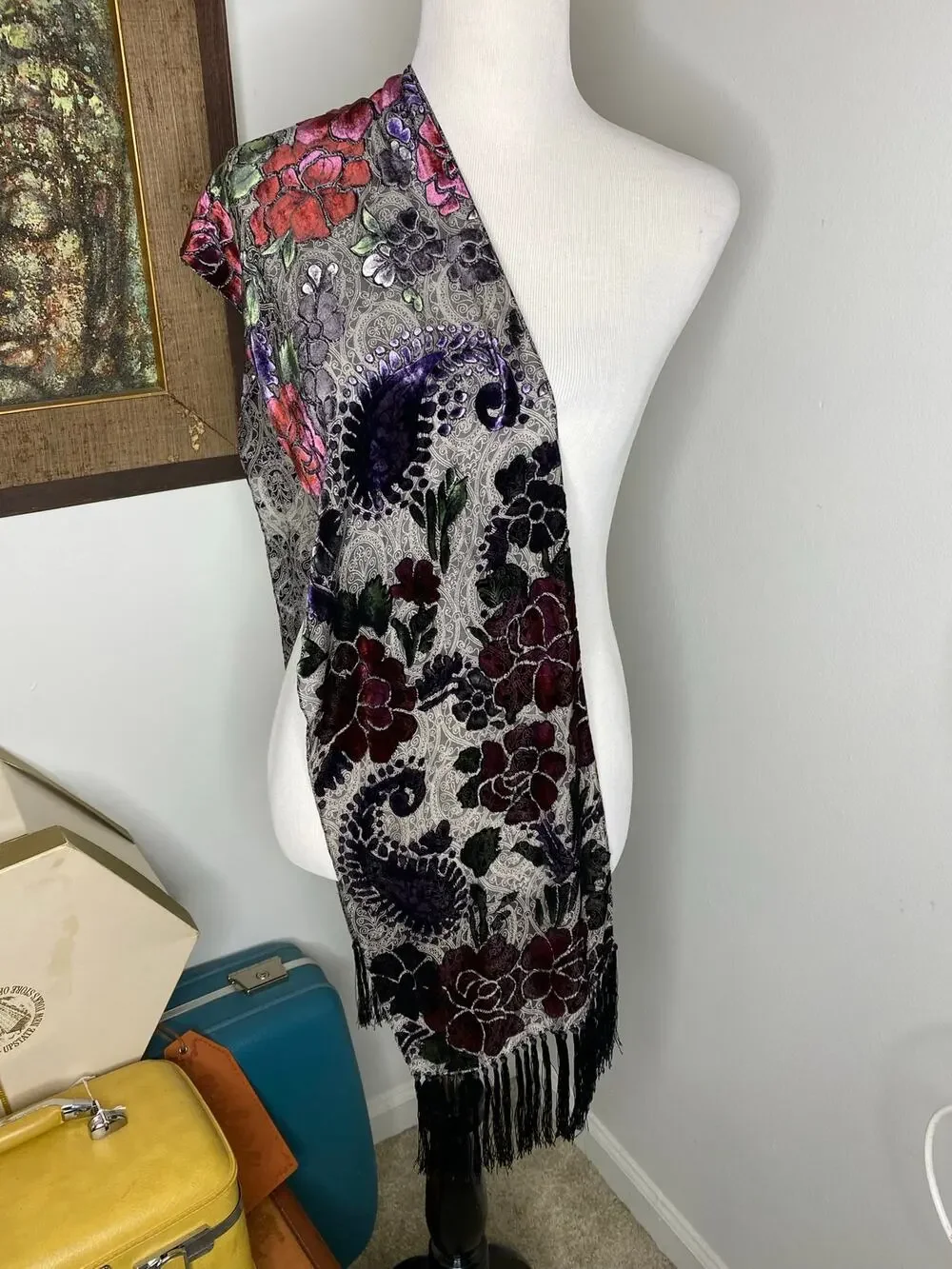 Floral Paisley Burnout Velvet Scarf Fringe Burgundy Purple Black 62”
